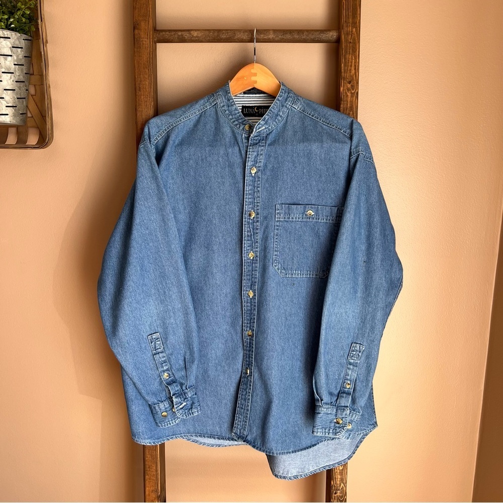 Luna Pier Vintage-Style Blue Denim Men's Band Collar Shirt